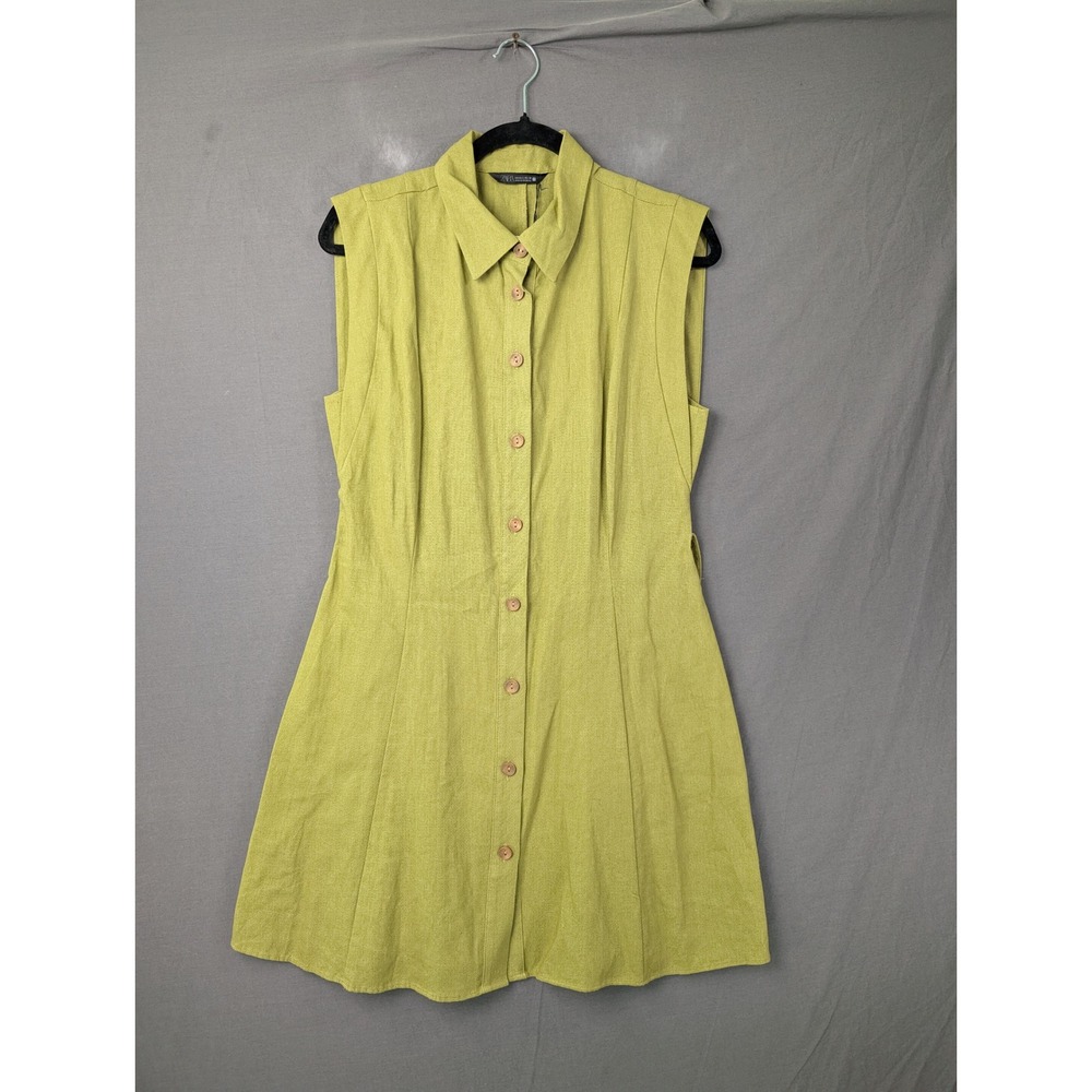 Zara Sleeveless Button Down Linen Blend Mini Dress Green Womens Large